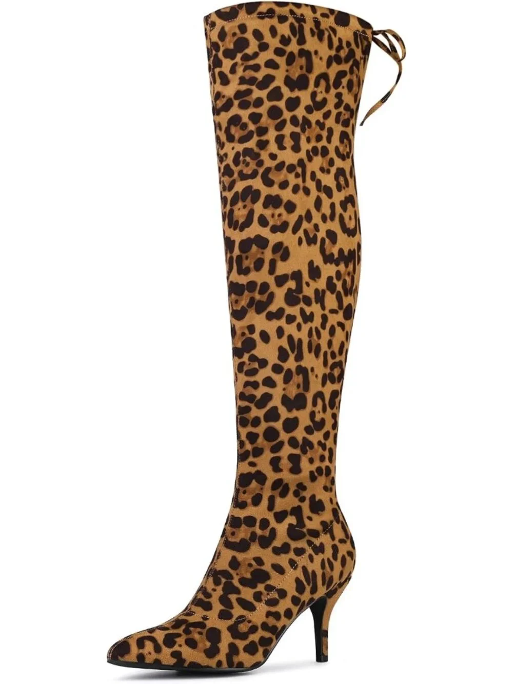 Women's Leopard Round Toe Chunky Heel Lace Up Synthetic Over The Knee High Boots